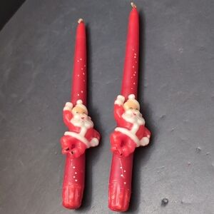 Vintage Mid Century Modern Red Tapered Holiday Santa Claus Candles.